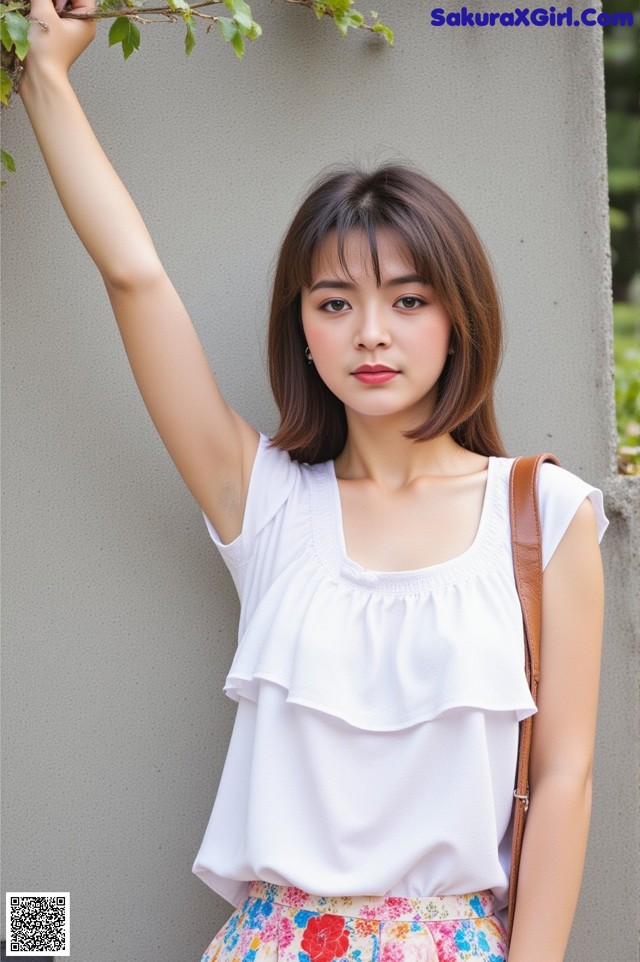 A woman wearing a white top and floral skirt.