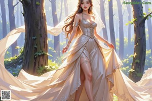A woman in a wedding dress standing in front of a tree.