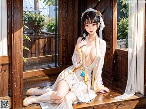 A woman in a white dress sitting on a bed.