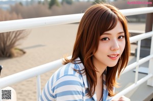 A woman in a blue top and denim skirt posing for a picture.