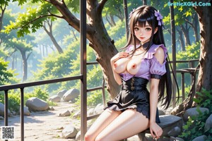 a woman in a purple shirt and black skirt posing for a picture