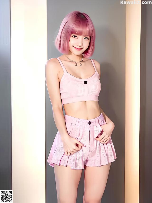 A woman in a pink top and shorts posing for a picture.