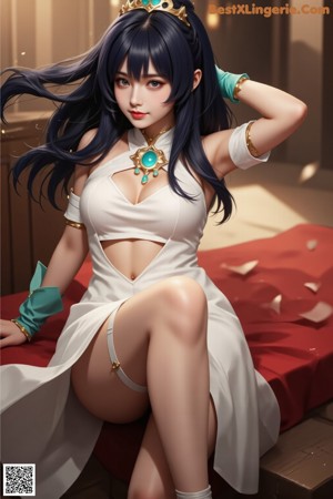 A woman in a white dress sitting on a wooden bench.
