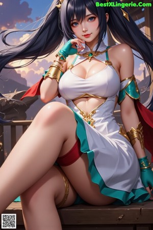 A woman in a white and green outfit with a red cape.