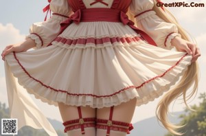 a woman in a red and white dress posing for a picture