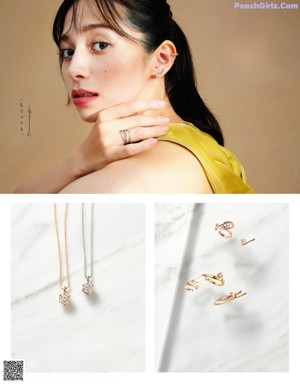 a woman wearing a necklace and earrings in a magazine