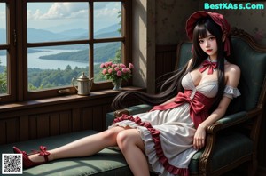 a woman in a pink dress sitting on a window sill