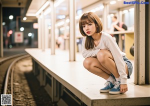 A woman sitting on a bench looking at her cell phone.