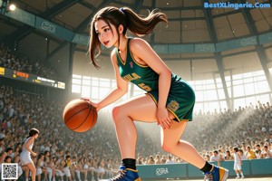 A girl in a red and white uniform holding a basketball.