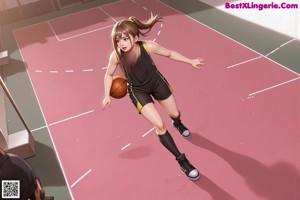 A girl in a basketball uniform crouching on a basketball court.