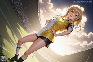 A woman in shorts and a crop top standing in front of a cloudy sky.