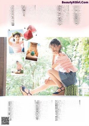 A collage of photos of a woman eating a watermelon.