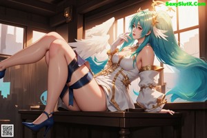Anime girl with blue hair sitting on a rock.