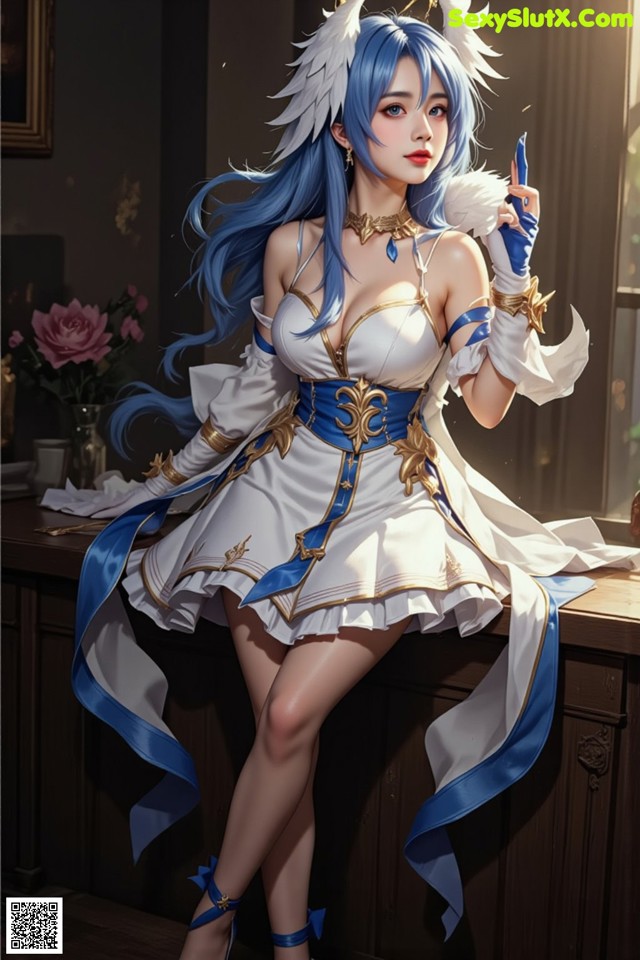 Hentai - Captivating Grace of the Cosmic Maiden Set.2 20250125 Part 3 No.5dadc5 A woman in a white and blue dress sitting on a table.