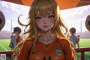 A girl with long brown hair standing in front of a soccer field.