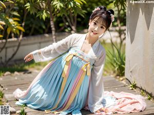 A woman in a pink and yellow hanbok standing in a garden.