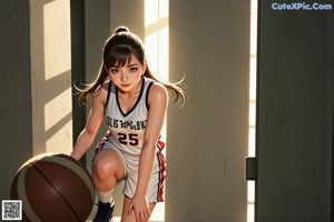A woman holding a basketball on a basketball court.