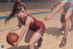 A woman in a red and black uniform playing basketball.