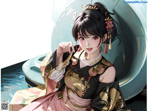 A woman in a kimono sitting in front of a window.