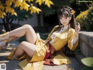 A woman in a kimono sitting on a window sill.