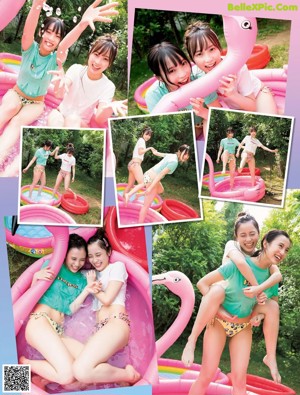 two asian women in bikinis standing next to each other