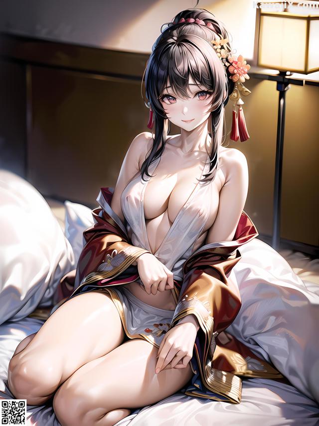 A woman in a kimono sitting on a bed.