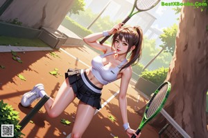 A woman holding a tennis racquet on a tennis court.