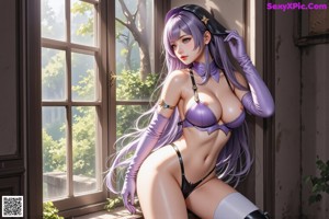 A woman in a purple and black outfit sitting on a window sill.