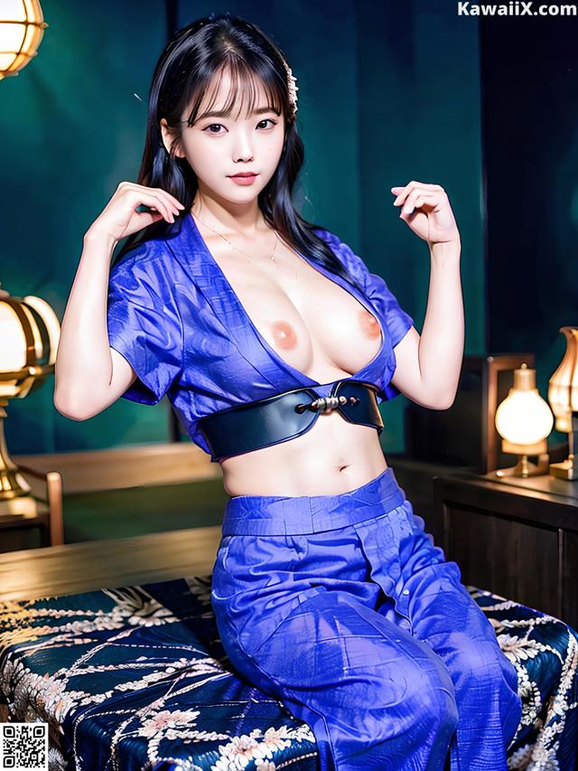 A woman in a blue outfit sitting on a bed.