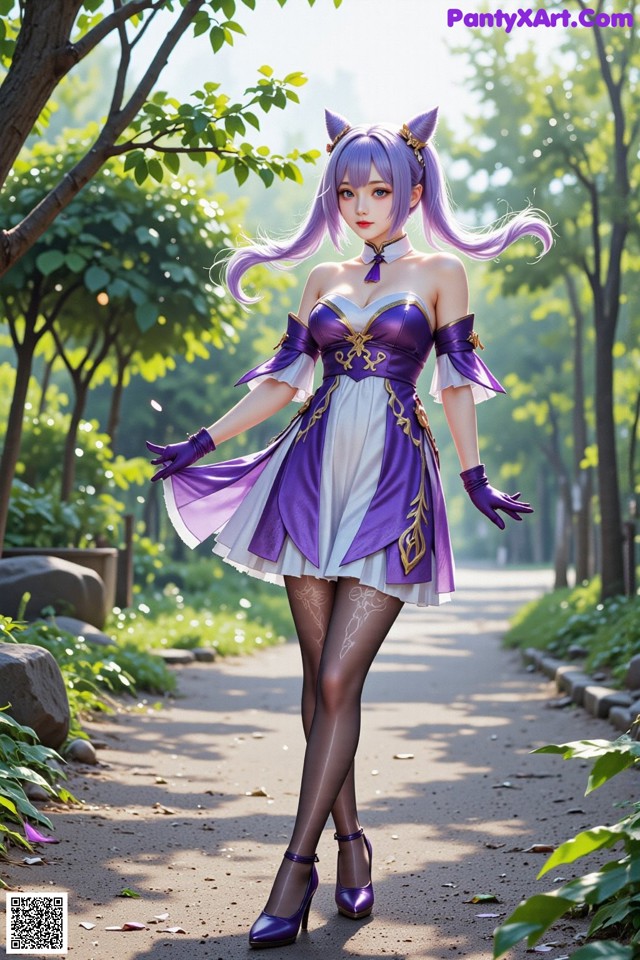 Hentai - Sovereign of Lightning in Exquisite Garb Set.1 20250125 Part 11 No.9b0e6f A woman in a purple and white dress is walking down a path.