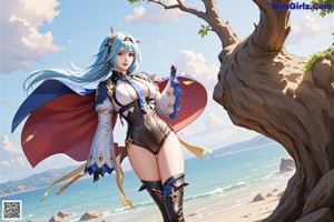 A woman with long blue hair standing in front of a building.
