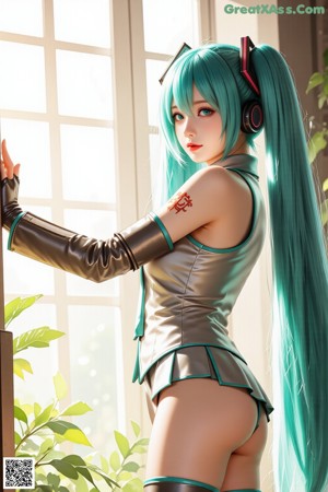 A woman with blue hair wearing a white top and black gloves.