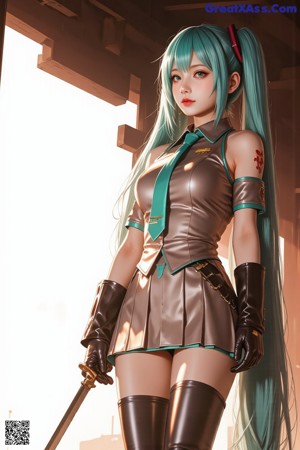 A woman with long blue hair wearing a green and white outfit.