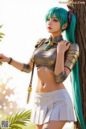 A woman with long blue hair sitting on a window sill.