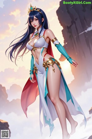 A woman in a bikini with long black hair and a sword.