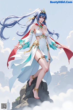 A woman in a white and blue outfit standing in front of a mountain.