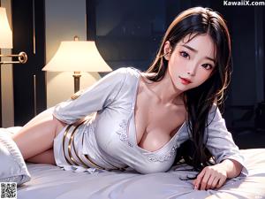A woman in a white bikini sitting on a bed.