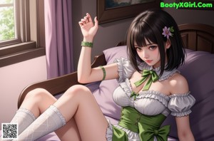 A woman in a green dress is sitting on a door.