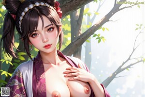 A woman in a kimono is posing naked in the woods.