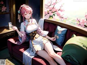 A woman in a blue and pink outfit standing on a beach.