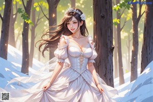 A woman in a wedding dress standing in the woods.